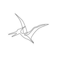 Single continuous line drawing of aggressive flying pterodactyl for logo identity. Prehistoric animal mascot concept for dinosaurs theme amusement park icon. One line draw design vector illustration