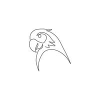 One continuous line drawing of cute parrot bird head for logo identity. Aves animal mascot concept for national conservation park icon. Trendy single line draw design vector graphic illustration