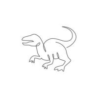 One continuous line drawing of aggressive predator velociraptor animal for logo identity. Raptor rex mascot concept for prehistoric museum icon. Single line draw design vector graphic illustration