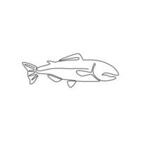 Single continuous line drawing of large salmon for fresh meat company logo identity. River fish mascot concept for fast food can icon. One line draw design graphic vector illustration