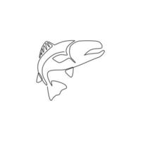 One continuous line drawing of big salmon for fishing logo identity. Fish mascot concept for fast food can icon. Single line draw design vector illustration graphic