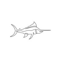 One continuous line drawing of big wild marlin for marine company logo identity. Swimming fish mascot concept for fishing competition icon. Single line draw design vector illustration graphic