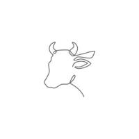 One continuous line drawing of sturdy cow head for agriculture logo identity. Mammal animal mascot concept for farming icon. Single line graphic draw design vector illustration