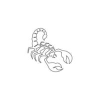 One continuous line drawing of danger scorpion for company logo identity. Dangerous insect mascot concept for poisonous liquid icon. Single line draw design vector graphic illustration