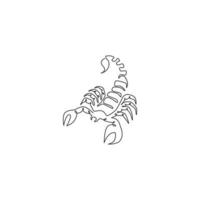 Single continuous line drawing of deadly scorpion for company logo identity. Lethal arthropod mascot concept for martial art club icon. One line draw graphic design vector illustration