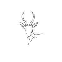 One single line drawing of beauty antelope head for logo identity. Horned mammal animal mascot concept for national conservation park icon. Continuous line draw design vector graphic illustration