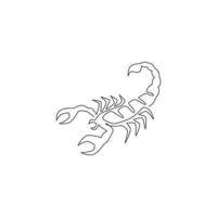 One single line drawing of venomous scorpion for logo identity. Dangerous insect mascot concept for pet lover club icon. Continuous line draw design graphic vector illustration