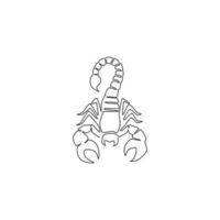 One continuous line drawing of danger scorpion for company logo identity. Dangerous insect mascot concept for poisonous liquid icon. Single line draw design vector illustration graphic