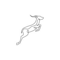 One continuous line drawing of adorable jumping antelope for company logo identity. Horned agile gazelle mascot concept for safari park icon. Single line draw graphic design vector illustration