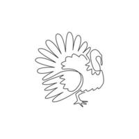 One continuous line drawing of large turkey for livestock logo identity. Giant avian mascot concept for animal husbandry icon. Modern single line graphic draw design vector illustration