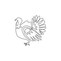 One continuous line drawing of large turkey for livestock logo identity. Giant avian mascot concept for animal husbandry icon. Modern single line draw design graphic vector illustration