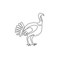 Single continuous line drawing of giant turkey for farming logo identity. Big cock mascot concept for poultry livestock icon. Modern one line draw graphic design vector illustration