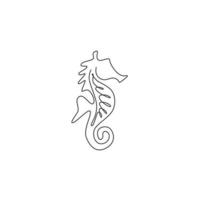 un dibujo de una sola línea de un lindo caballito de mar para la identidad del logotipo acuático. concepto de mascota animal monstruo marino para el icono del zoológico nacional. Ilustración de vector de diseño de dibujo de línea continua moderna