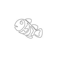 One single line drawing of cute clownfish for aquatic logo identity. Stripped anemone fish mascot concept for sea world icon. Modern continuous line draw design vector illustration