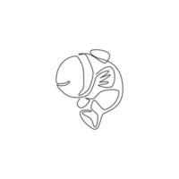 One single line drawing of cute clownfish for aquatic logo identity. Stripped anemone fish mascot concept for sea world icon. Modern continuous line draw design vector illustration
