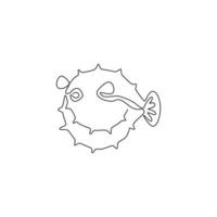 One single line drawing of beauty pufferfish for aquatic company logo identity. Balloon fish mascot concept for sea world show icon. Modern continuous line draw design vector illustration