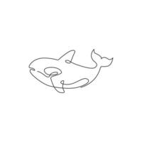 One continuous line drawing of cute orca for marine logo identity. Killer whale mascot concept for sea world show icon. Modern single line draw design vector illustration