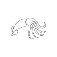 One single line drawing of beauty squid for Chinese restaurant logo identity. Large cuttlefish mascot concept for fresh and healthy seafood icon. Modern continuous line draw design vector illustration