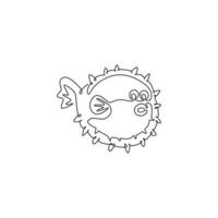 Single continuous line drawing of adorable pufferfish for marine logo identity. Blow fish mascot concept for Chinese restaurant icon. Modern one line draw design vector illustration