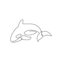 One continuous line drawing of cute orca for marine logo identity. Killer whale mascot concept for sea world show icon. Modern single line draw design vector illustration