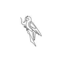 One continuous line drawing of cute woodpecker on wood tree. Beak drummer bird mascot concept for national zoo icon. Modern single line draw design graphic vector illustration