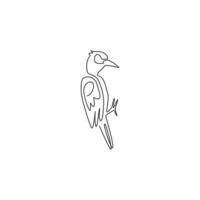 One continuous line drawing of cute woodpecker on tree. Beak drummer bird mascot concept for national zoo icon. Modern single line draw design graphic vector illustration