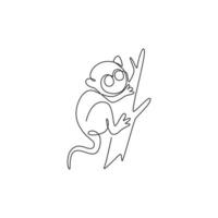 Single continuous line drawing of adorable tarsier for company logo identity. Tiny monkey animal mascot concept for national conservation park icon. Modern one line draw design vector illustration