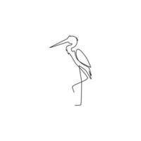 Single continuous line drawing of adorable standing heron for company logo identity. Long legged freshwater bird mascot concept for conservation icon. Modern one line draw design vector illustration