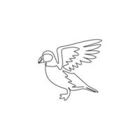 One single line drawing of adorable puffin for foundation logo identity. Water diver bird mascot concept for national zoo icon. Modern continuous line draw design graphic vector illustration