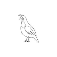 One single line drawing of adorable California valley quail for poultry logo identity. Dust bath bird mascot concept for national zoo icon. Modern continuous line draw design vector illustration