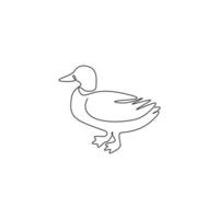 Single continuous line drawing of cute mallard for farm logo identity. Waterfowl duck mascot concept for animal livestock icon. Modern one line draw design vector graphic illustration