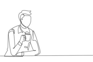 Continuous one line drawing young man sitting and holding a cup of coffee in one hand. Enjoy morning before work at office. Success person concept. Single line draw design vector graphic illustration