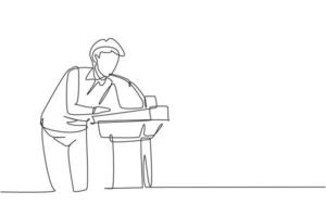 Continuous one line drawing a young man who is thirsty drinking at ready-to-drink taps that are widely available in public spaces. Refresh moment. Single line draw design vector graphic illustration