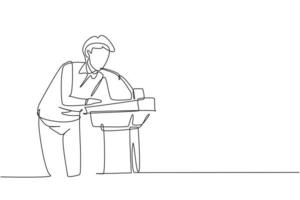 Continuous one line drawing a young man who is thirsty drinking at ready-to-drink taps that are widely available in public spaces. Refresh moment. Single line draw design vector graphic illustration