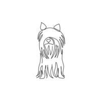 One continuous line drawing of cute yorkshire terrier dog for company logo identity. Purebred dog mascot concept for pedigree friendly pet icon. Modern single line draw design vector illustration