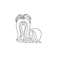 Single continuous line drawing of adorable shih tzu for pet salon logo identity. Purebred dog mascot concept for pedigree friendly pet icon. Modern one line draw graphic design vector illustration
