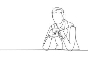 Continuous one line drawing young man sitting and holding cup of coffee with both hands. Enjoy the afternoon break at the office. Success lifestyle. Single line draw design vector graphic illustration