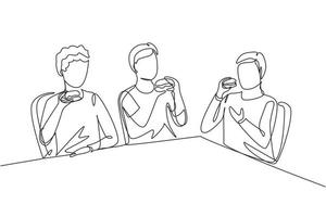 Single continuous line drawing young fun and smiling men together. Friends eating fast food meal in restaurant. Happy people sitting and having dinner hamburgers. One line draw graphic illustration vector