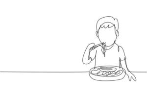 Single continuous line drawing boy having spaghetti meal with chopsticks around table. Enjoy lunch when hungry. Delicious and healthy food. Dynamic one line draw graphic design vector illustration
