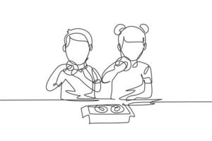 Continuous one line drawing two boy and girl having donuts meal with hand around table. Happy and enjoy breakfast at home. Tasty and healthy food. Single line draw design vector graphic illustration
