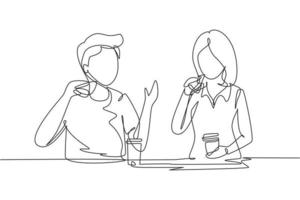 Continuous one line drawing young couple having hamburger meal around table at restaurant. Happy teenagers talking, smiling and laughing together. Single line draw design vector graphic illustration