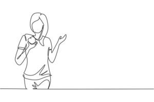 Single continuous line drawing young female having fruits meal with hand. Happy and enjoy dessert at restaurant. Delicious and healthy food. Dynamic one line draw graphic design vector illustration