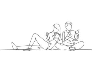 Continuous one line drawing students woman and man reading together, learning and sitting at park. Literature fans or lovers, education concept. Single line draw design vector graphic illustration