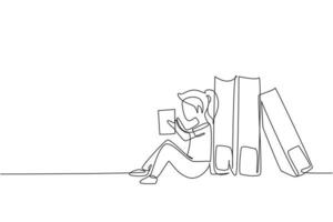 Single one line drawing little girl reading, learning and backrest on big books. Study at home. Smart student, education concept, fair. Modern continuous line draw design graphic vector illustration