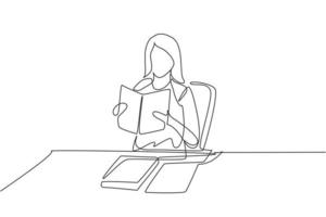 Continuous one line drawing woman reading, learning and sitting on chair around table. Study in library. Intelligent student, education concept. Single line draw design vector graphic illustration