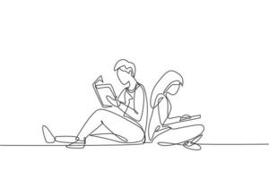 Single continuous line drawing couple students reading together, learning and sitting at park. Literature fans or lovers, education concept. Dynamic one line draw graphic design vector illustration