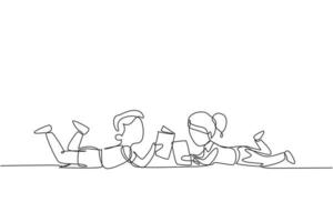 Continuous one line drawing two kids boy and girl reading, learning and laying down on the floor. Study at home. Smart students, education concept. Single line draw design vector graphic illustration