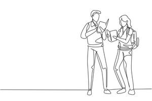 Single continuous line drawing couple woman and man reading together, learning and standing at library. Literature lovers, education concept. Dynamic one line draw graphic design vector illustration