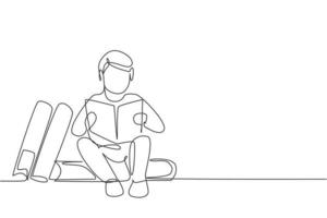 Single one line drawing little boy reading, learning and sitting on big books. Study in library. Smart student, education concept, fair. Modern continuous line draw design graphic vector illustration