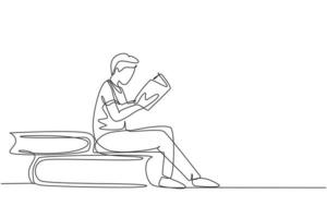 Continuous one line drawing young man reading, learning and sitting on big books. Study in library. Literature fans or lovers, education concept. Single line draw design vector graphic illustration